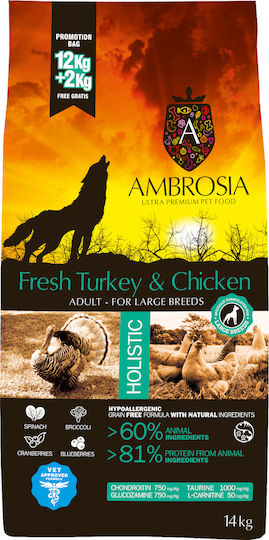 Ambrosia Fresh Turkey & Chicken Adult All Breeds 12kg Dry Food Grain-Free for Adult Large Breed Dogs with Turkey and Chicken