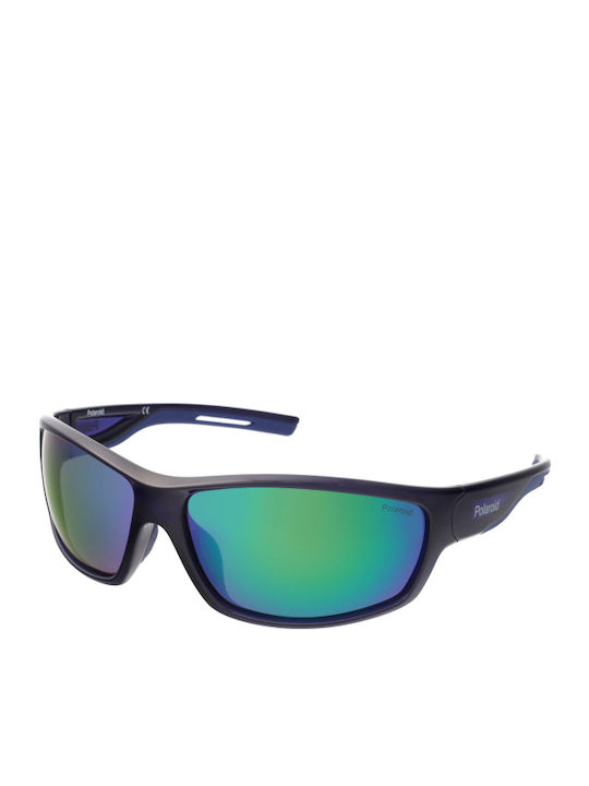 Polaroid Men's Sunglasses with Navy Blue Plastic Frame and Green Polarized Mirror Lens PLD7029/S GEG/5Z