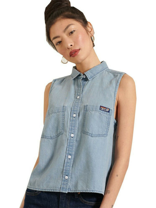 Superdry Ärmellos Damen Denim Hemd Hellblau