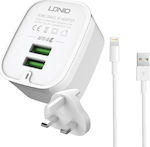 Ldnio Φορτιστής με 2 Θύρες USB-A και Καλώδιο Lightning Λευκός (A201)