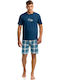 Vamp Men's Summer Cotton Checked Pajamas Set Blue 14778