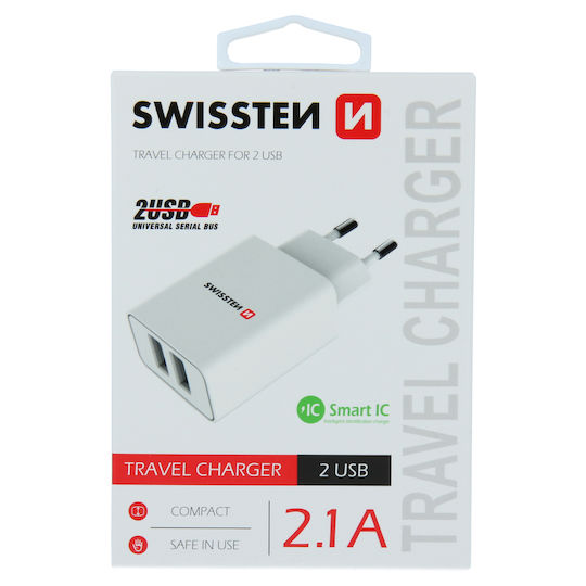 Swissten Ladegerät ohne Kabel mit 2 USB-A Anschlüsse Weißs (22034000)