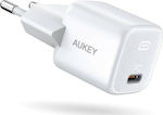 Aukey Зарядно без кабел с USB-C порт 20W Доставка на енергия Бял (PA-B1)