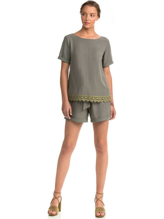 Damen Sommer Bluse Leinen Kurzärmelig Green Sage