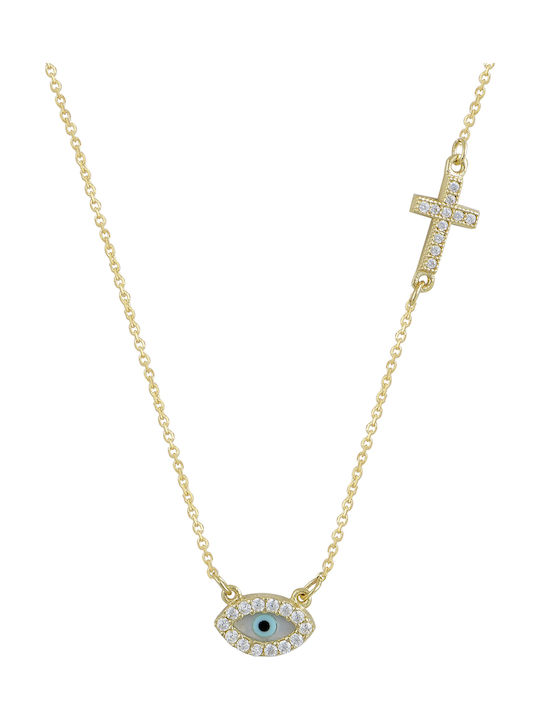 NECKLACE DIAMOND EYE PIECE WITH CROSS 14 K WITH ZIRCONIA STONES HANDMADE