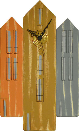 Kapadakis Wood Art Three Houses Wall Clock Wooden Multicolour 24x40cm