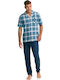 Vamp Men's Summer Cotton Checked Pajamas Set Blue