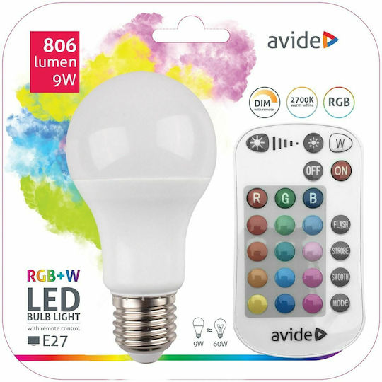 Avide Smart Lampe ASG27RGBW-9W-RC LED 9W für Fassung E27 und Form A60 RGBW 806lm Dimmbar