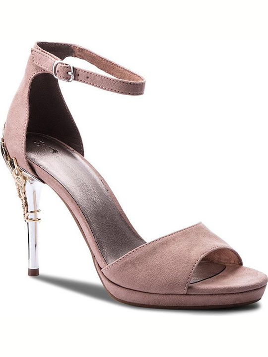 Tamaris Suede Women's Sandals with Ankle Strap Pink with Thin High Heel