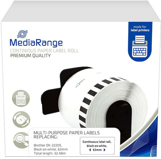 MediaRange Label Maker Tape compatible with Brother DK-22205 30.4m x 62mm in White Color 1pcs MRBDK22205