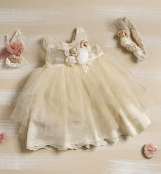 Lollipop Celebrations Beige Tulle Baptism Outfit with Hair Accessories , Dress & Cardigan 3pcs