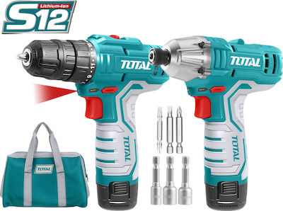 Total Set Drill Driver & Impact Screwdriver 12V with 2 1.5Ah Batteries and Case