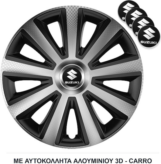 Versaco Car Hubcap Set Aviator Carbon with Suzuki Emblem 14" 4pcs Silver