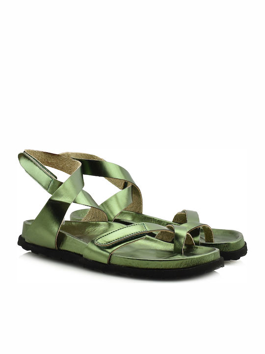 Majorca Met Leather Women's Flat Sandals in Green Color