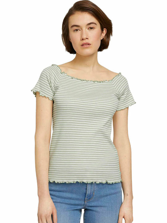 Women's Summer Blouse Short Sleeve Striped Green