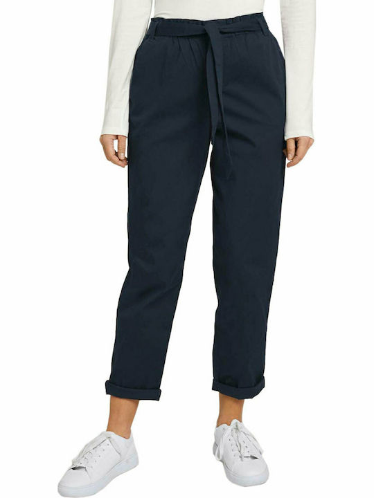 Tom Tailor Women's High-waisted Cotton Trousers in Paperbag Fit Navy Blue