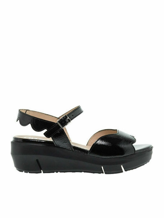 Wonders Women's Leather Ankle Strap Platforms Black