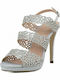 Menbur Fabric Women's Sandals with Strass Silver with Thin High Heel