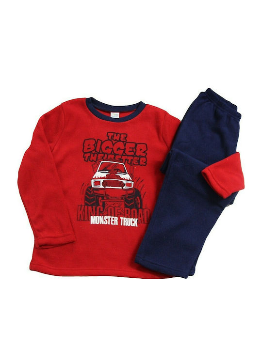 Happy Touch Kinder Schlafanzug Winterlich Fleece Rot Monster Truck HT01