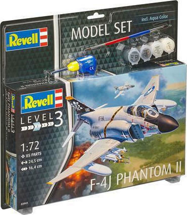 Revell Model Set F-4J Phantom II Modellfigur Flugzeug im Maßstab 1:72 mit Kleber und Farben 24.5x16.4cm.