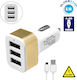 GloboStar Auto-Ladegerät 20W 3.1A mit Anschlüssen: 3xUSB mit Kabel Typ-C,TC-TC Gold Farbe