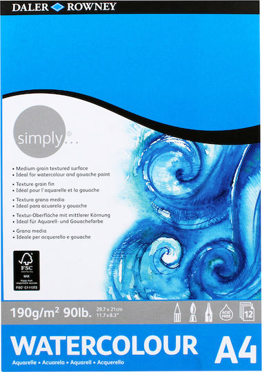 Daler Rowney Μπλοκ Ακουαρέλας Simply Watercolor 190g 12 Φύλλα A4 21x29.7cm 12 Φύλλα