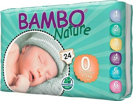 Bambo Nature Πάνες με Αυτοκόλλητο Nature Premature No. 0 για 1-3kg 144τμχ