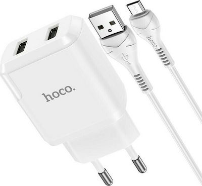 Hoco Φορτιστής με 2 Θύρες USB-A και Καλώδιο micro USB Λευκός (N7 Speedy)