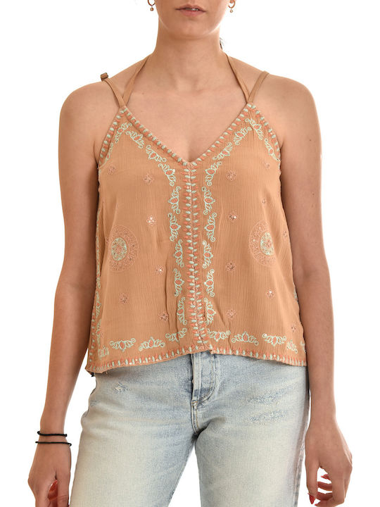 Nekane Top With Ethnic Embroidery & Ribbon-Sand Beige (AG.GUIRA-131)