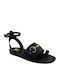 Leather Women's Flat Sandals with Strap in Black Color