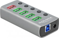 DeLock USB 3.2 Hub 6 Θυρών με σύνδεση USB-A & Θύρα Φόρτισης και Εξωτερική Παροχή Ρεύματος Γκρι