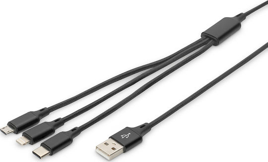 Digitus Regular Cablu USB la Lightning / Type-C / micro USB cu mai multe porturi 2A Negru 1m (AK-300160-010-S)