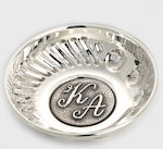 Silver carved saucer with silver coin with the initials of the newlyweds. Dimensions 6,5 cm X 1,5 cm height