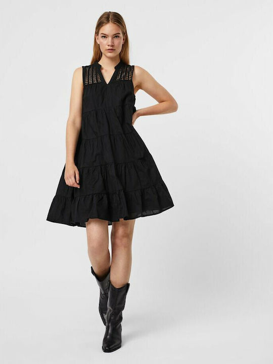 Vero Moda Midi Καλοκαιρινό All Day Φόρεμα Βαμβακερό Μαύρο