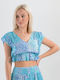 Ble Resort Collection Women's Summer Crop Top Short Sleeve with V Neck Floral Blue