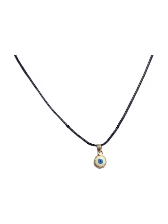 Necklace handmade black cord with pendant eye round white and gold outline (tatu moyo) 1039-606