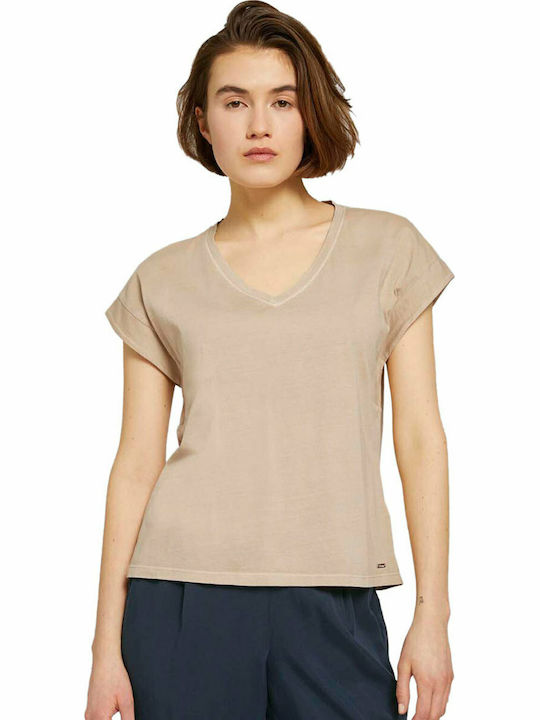 Tom Tailor Women's T-shirt with V Neckline Beige