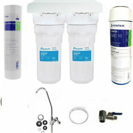 Ecosoft Water Filtration System Double Under Sink with Faucet & Replacement Filter Pentek GAC-10 20μm, Pentek 5μm
