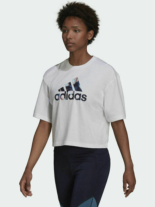 Adidas You Logo Κοντομάνικο Αθλητικό Crop Top Λευκό