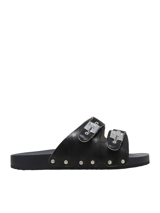 Pescura Leather Women's Flat Sandals in Black Color