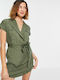Sommer Mini Kleid Wickel Khaki