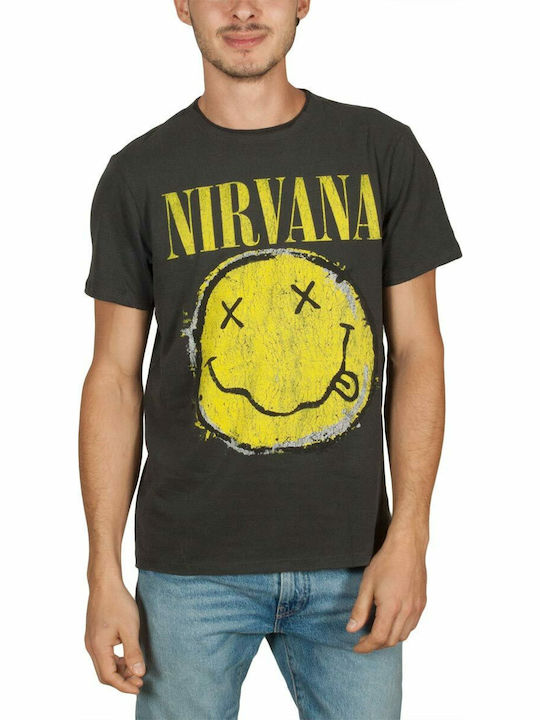 Amplified Worn Out Smiley T-shirt Nirvana Μαύρο Βαμβακερό Ανθρακί