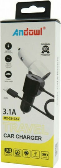 Andowl Travel Car Charger Car Charger with one Port: 1xUSB with Cable Lightning Black Color