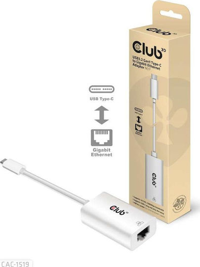Club3D CAC-1519 USB-C Netzwerkadapter mit Verkabelter Verbindung Gigabit Ethernet
