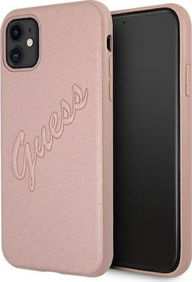 Guess Saffiano Vintage Script Synthetic Leather / Plastic Back Cover Pink (iPhone 12 / 12 Pro)