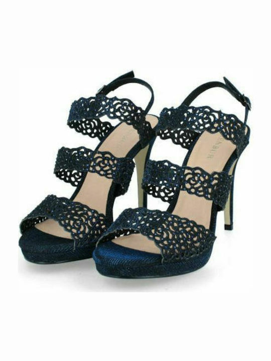 Menbur Fabric Women's Sandals with Strass Navy Blue