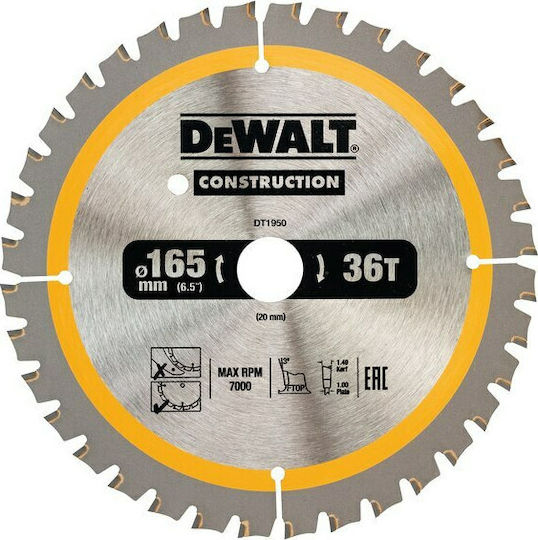 DEWALT Cutting Disc Wood Hole Diameter 165mm with 36 Teeth 1pcs