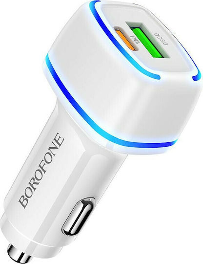 Borofone BZ14 Auto-Ladegerät 12W 2.4A mit Anschlüssen: 1xUSB 1xType-C Weiß Farbe
