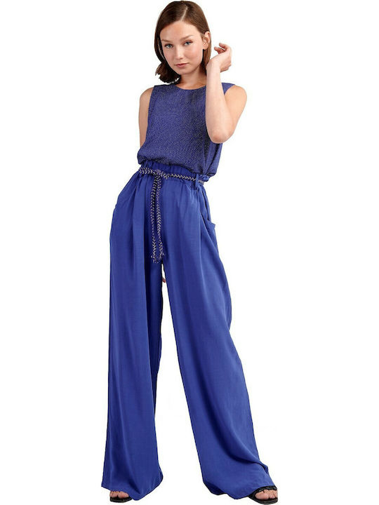 Women's High-waisted Fabric Trousers with Elastic in Regular Fit Blue