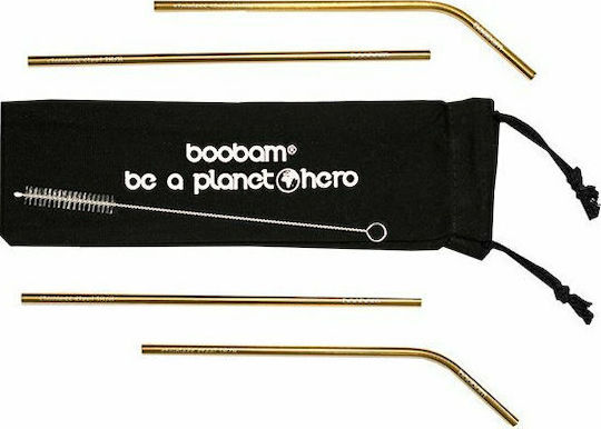 Boobam Straws Metal Gold with Brush with Brush 4pcs